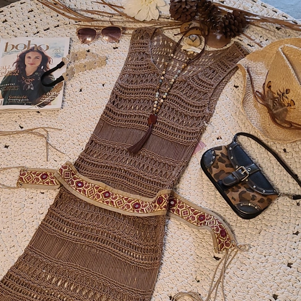 NWT BO HO CROCHET BEIGE UNIQUE LONG DRESS COVERUP - Picture 8 of 16